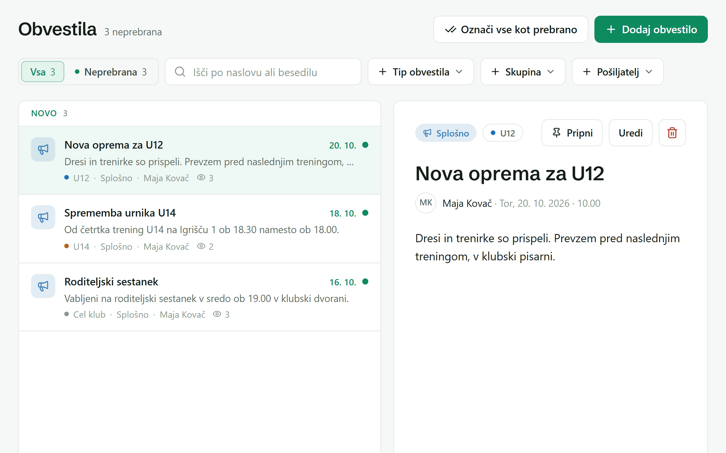 Seznam obvestil s skupino in številom branj.