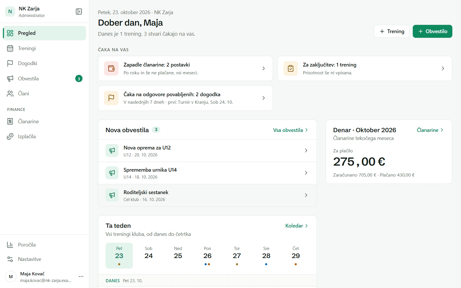 Pregled kluba v Klubplanu: kaj čaka na administratorja, današnji treningi in denar kluba.