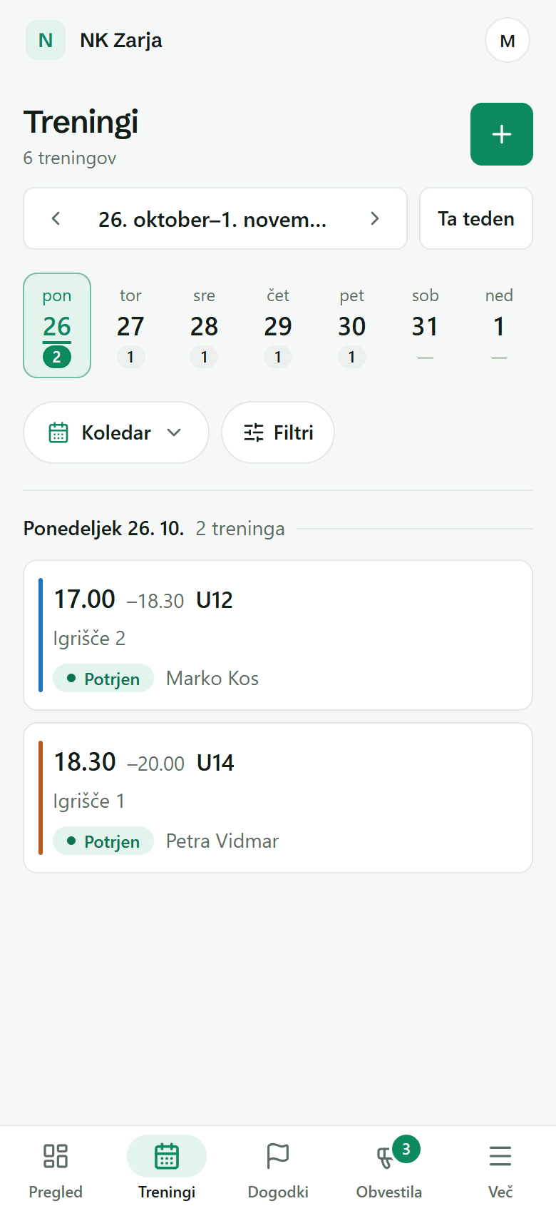 Treningi na telefonu: tedenski trak dni in današnji treningi.