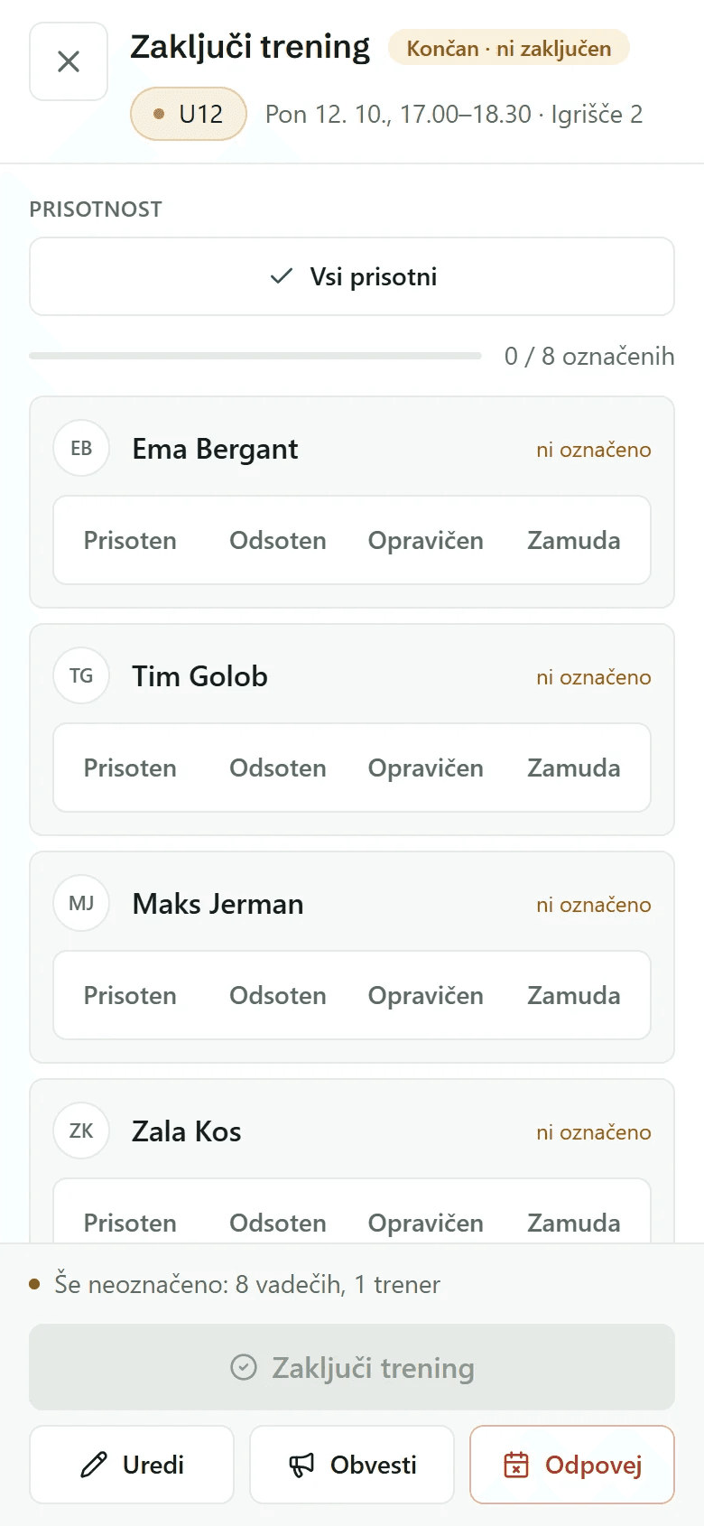 Zaključevanje treninga na telefonu: prisotnost vadečih in trenerja.