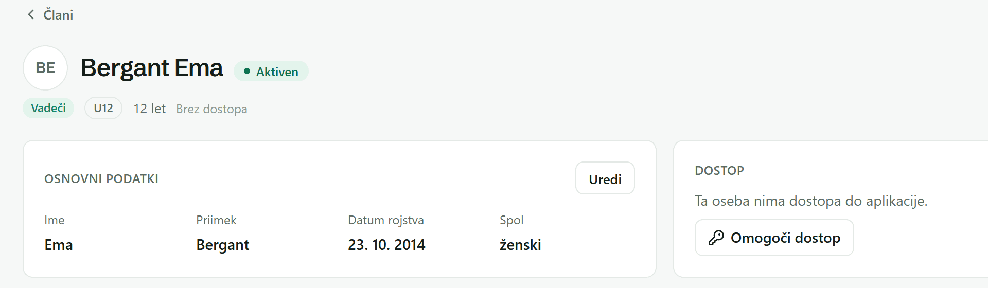 Profil osebe brez dostopa: razdelek »Dostop« z gumbom »Omogoči dostop«.