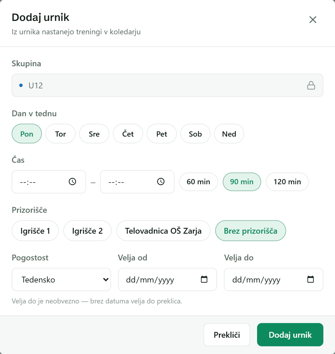 Okno »Dodaj urnik«: dan v tednu, čas, prizorišče, pogostost ter »Velja od« in »Velja do«.