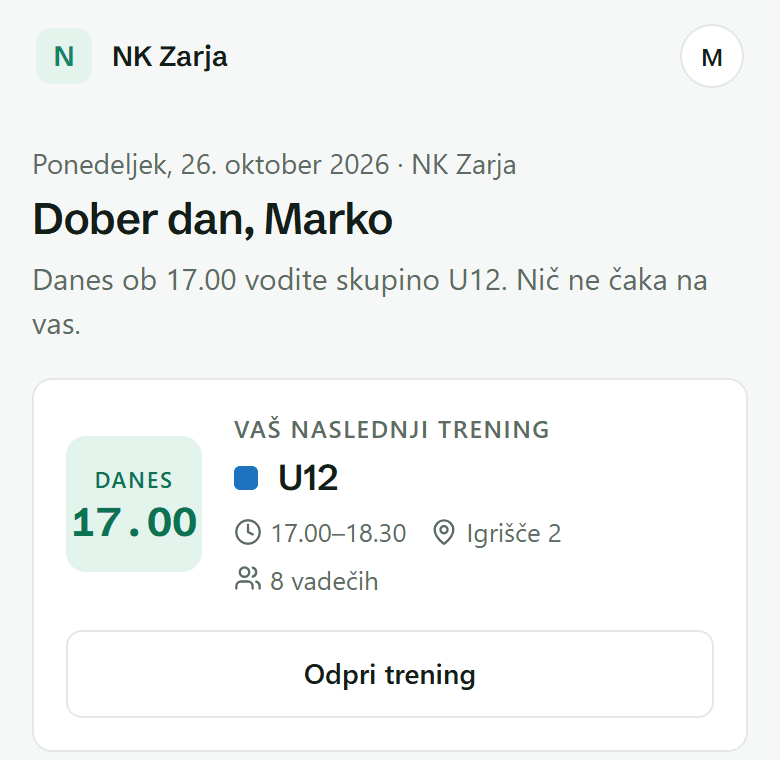 Pregled trenerja na telefonu: pozdrav in vaš naslednji trening z gumbom »Odpri trening«.